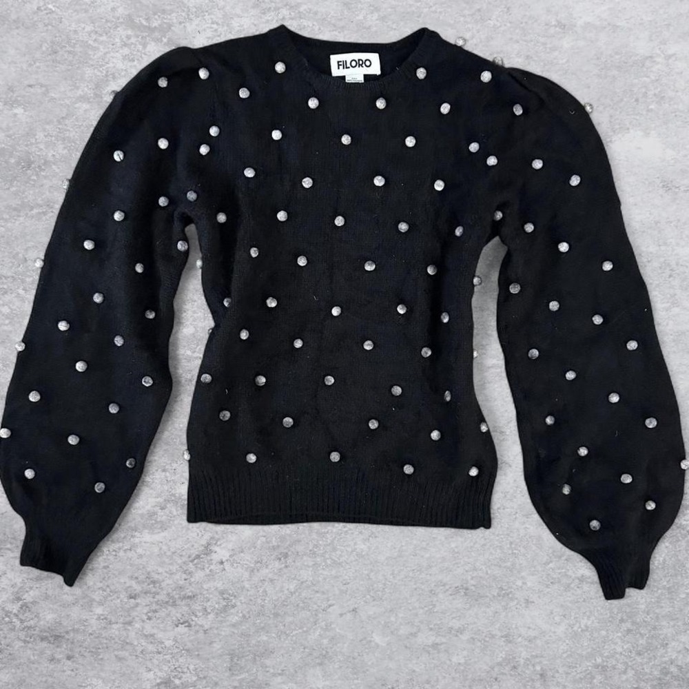 Filoro Black 100%‎ Cashmere Puff Sleeve Bobble Pom Pom Sweater XS 2-Ply Knit